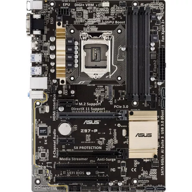 ASUS Z97-P Desktop Motherboard - 1x Socket H3 LGA-1150 - Intel Z97 Express - 4x DDR3 - RAID - 1x M.2 - 2x PCIe x16 - 1x RJ-45 - ATX