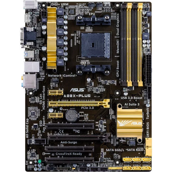 ASUS A88X-PLUS Desktop Motherboard - 1x Socket FM2+ - AMD A88X - 4x DDR3 - RAID - 2x PCIe x16 - 1x RJ-45 - ATX