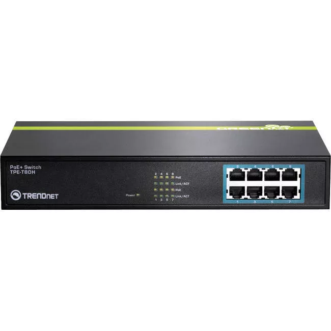 TRENDnet TPE-T80H 8-Port 10/100 Mbps GREENnet PoE+ Switch; ; Rack Mountable; 8 x 10/100 Mbps PoE+ Ports; Up to 30 Watts Per Port with 125 W Total Power Budget; Lifetime Protection