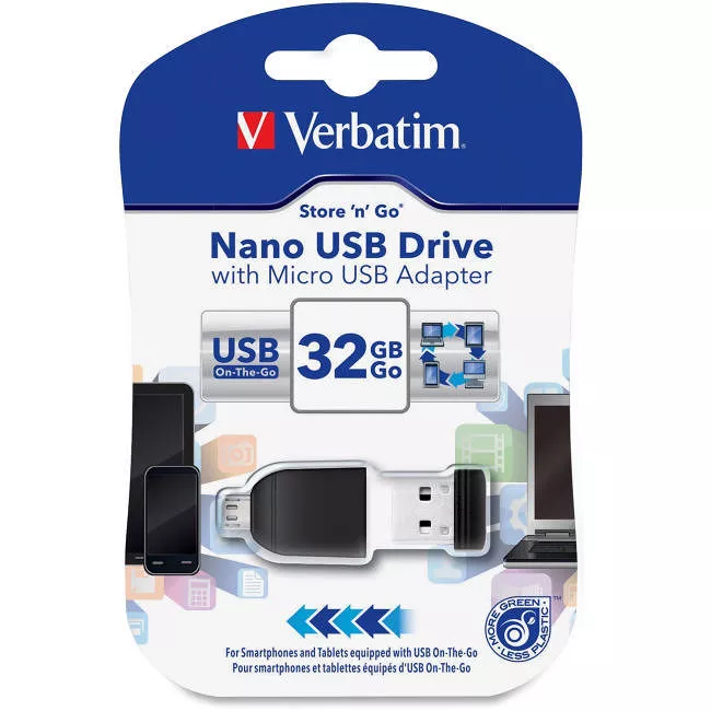 Verbatim 49822 32GB Nano USB Flash Drive with USB OTG Micro Adapter - Black