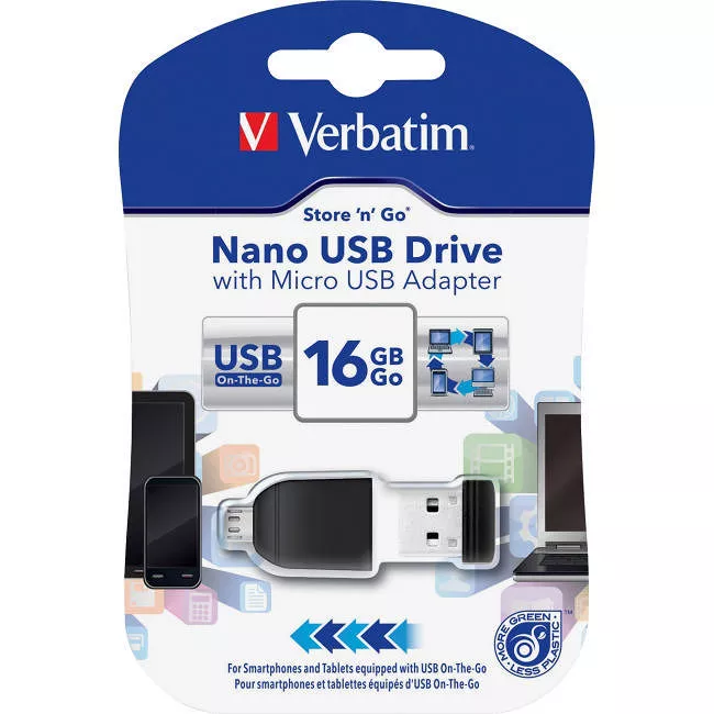 Verbatim 49821 16GB Nano USB Flash Drive with USB OTG Micro Adapter - Black