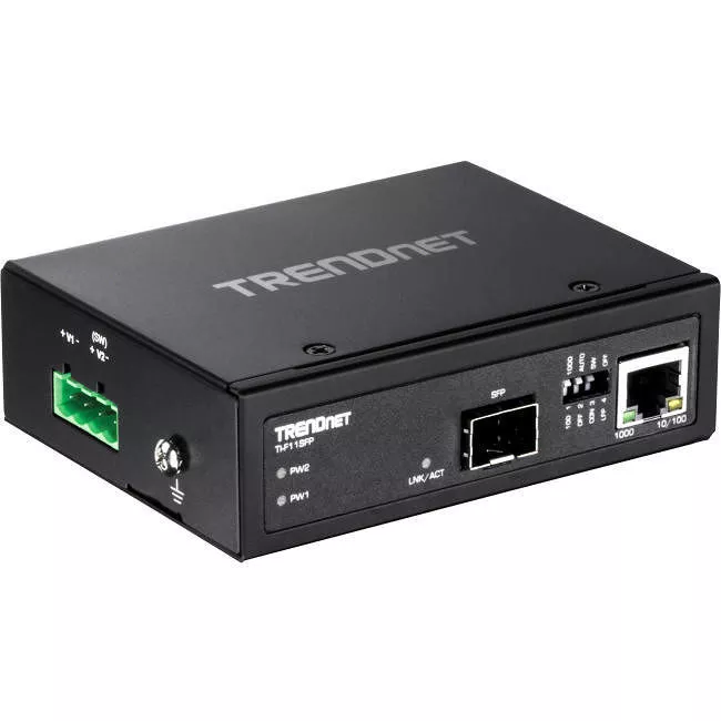TRENDnet TI-F11SFP Hardened Industrial 100/1000 Base-T To SFP Media Converter, DIN-Rail And Wall Mount Hardware Included, Multi Or Single Mode Fiber, Power Supply Sold Separately, Black,