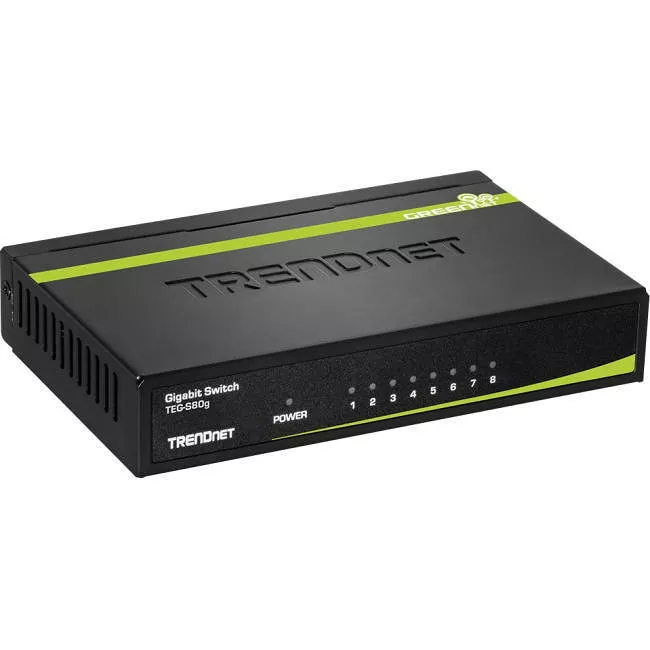TRENDnet TEG-S80G 8-Port Unmanaged Gigabit GREENnet Desktop Metal Switch, Fanless, 16Gbps Switching Capacity, Plug & Play, Network Ethernet Switch, Lifetime Protection, Black,