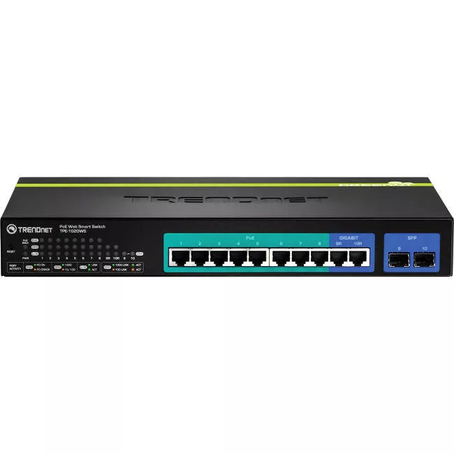 TRENDnet TPE-1020WS 10-Port Gigabit Web Smart PoE+ Switch, 8 x PoE+ Gigabit Ports, 2 x Gigabit Ethernet Ports, 2 x Shared SFP Slots, 75W Total Power Budget, Rack Mountable, Lifetime Protection, Black,