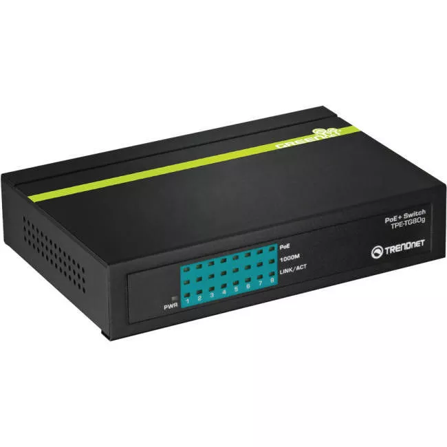 TRENDnet TPE-TG80G 8-Port Gigabit PoE+ Switch, 8 x Gigabit PoE+ Ports, 123W PoE Power Budget, 16 Gbps Switching Capacity, Desktop Switch, Ethernet Network Switch, Metal, Lifetime Protection, Black,